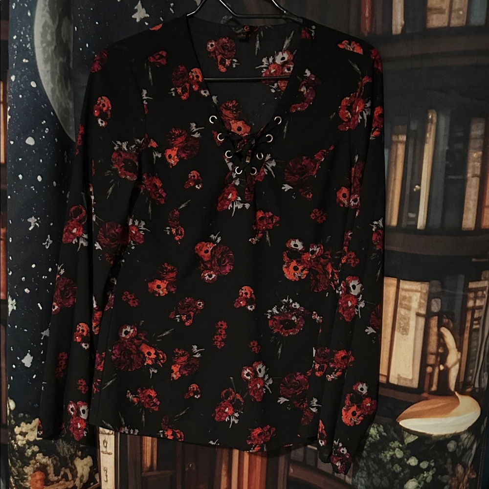 Guess Lace-Up Long Sleeve Top - Black with Red Floral